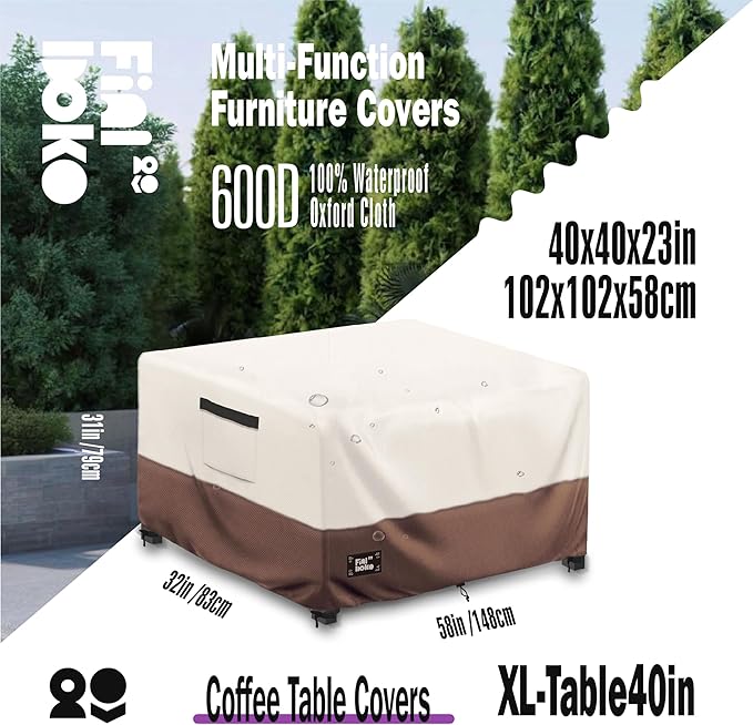 Patio Ottoman Cover,40"L x 40"W x 23"H Square Patio Dining Table Cover for Outdoor Furniture,100% Waterproof 600D Heavy Duty Outdoor Table Cover,Beige&Brow