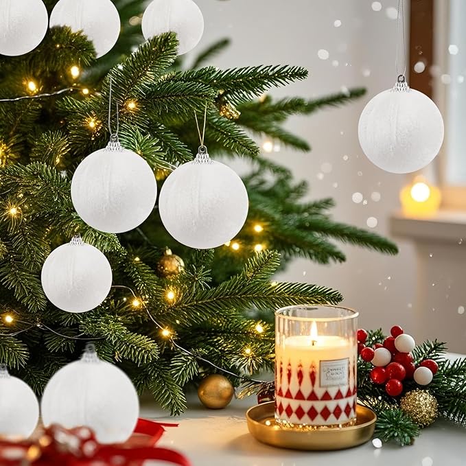 Woration 9pcs Christmas Tree Ornaments Velvet Balls Shatterproof 2.36inches White Flocked Balls Hanging Xmas Trees Decorations for Wreath Holiday Party