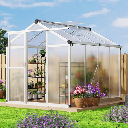 6x8 FT Greenhouse, Large Aluminum Greenhouses for Outdoors, Heavy Duty Polycarbonate Greenhouse with Roof Vent, Walk-in Green Houses for Winter Garden, Backyard, Patio, Lawn, Easy Assembly