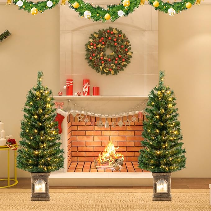 HAPPYGRILL 4 FT Pre-Lit Christmas Tree Set of 2, Artificial Potted Xmas Entrance Tree with 160 Branch Tips & 100 LED Lights, Cement-Filled Base, 3 Lighting Modes, Remote Control, Indoor Holiday Decor