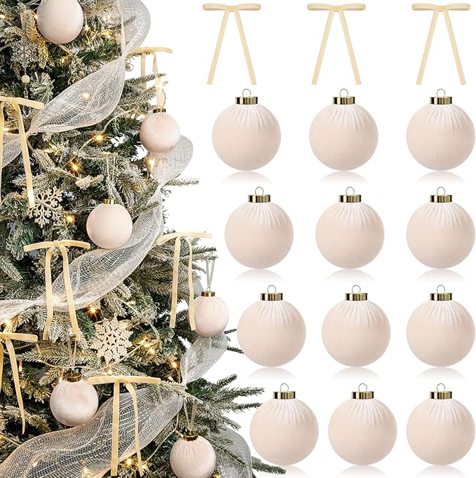 24 Pack Velvet Ornaments for Christmas Tree Decorations, 12 Pcs 3.15 Inch Large Neutral Christmas Ornaments Hanging Flocked Balls and 12 Pcs Velvet Bows for Xmas Tree Holiday Party Decor