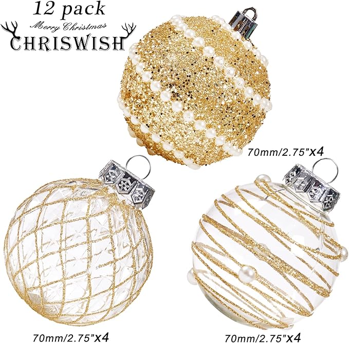 12CT Christmas Ball Ornaments Gold Shatterproof Clear Large Plastic Christmas Tree Decoration, Delicate Hanging Ornaments for Xmas Party, Wedding, Holiday and Home Décor(70mm/2.76")
