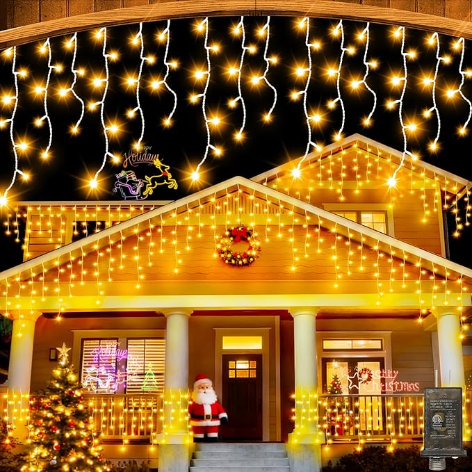65 FT 640 LED Christmas Lights Outdoor Decorations Clear Wire String Lights Plug in 120 Drops 8 Modes Memory Timer Connectable Curtain Fairy Lights Waterproof for Holiday Wedding Party-Warm White