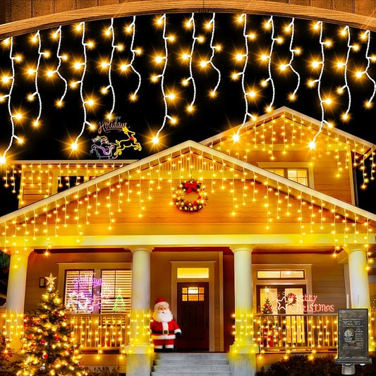 131 FT 1280 LED Christmas Lights Outdoor Decorations Super Long Clear Wire String Lights Plug in 240 Drops 8 Modes Memory Timer Curtain Fairy Lights Waterproof for Holiday Wedding Party-Warm White