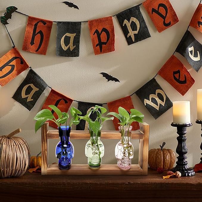 Plant Terrarium Propagation Stations Hydroponics Halloween Skull Planter Vase Skulls Decor with Wooden Stand Gift for Father