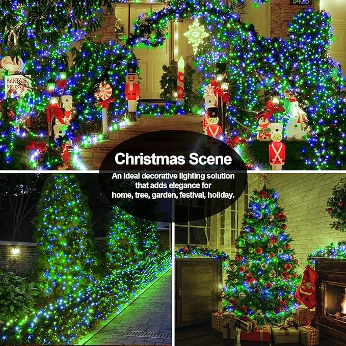 200 FT 500 LED Christmas Lights Outdoor Fairy Lights Plug In Extra Long String Lights Clear Wire Waterproof 8 Modes Timer for Outside House Tree Garden Yard Wedding Party Decorations-Blue & Green