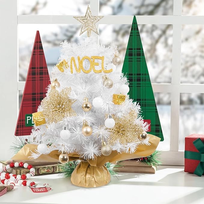 XmasExp Mini Christmas Tree with Lights White Small Christmas Tree Artificial Tabletop Xmas Decor Holiday Decoration for Home, Office, Party