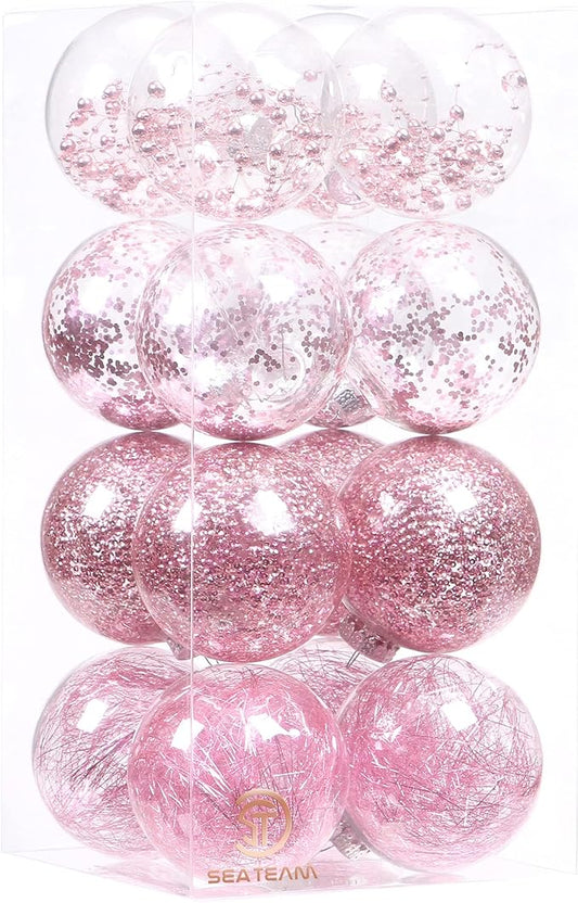 Sea Team Shatterproof Clear Plastic Christmas Ball Ornaments Decorative Xmas Balls Baubles Set with Stuffed Delicate Decorations (100mm/3.94 inch 16-Pack, Pink)