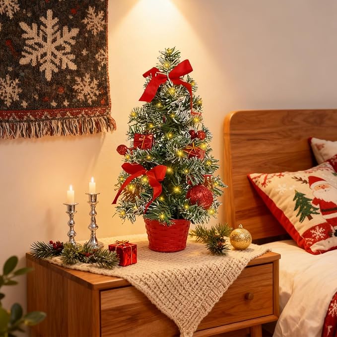 Tabletop Christmas Tree 11.81Inches Mini Artificial Christmas Tree with LED String Lights, Tabletop Small Xmas Tree for Holiday Indoor Christmas Decorations Red
