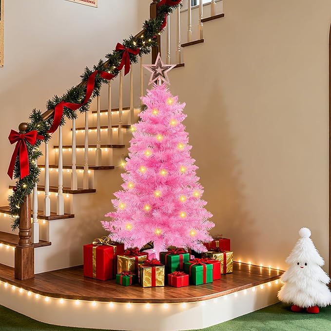 3 Ft Pink Christmas Tree with Lights, Timer 8 Modes 50 Warm White Lights Battery Operated Small Artifical Full Christmas Tree for Tabletop Home Office Indoor Outdoor Xmas Holiday Party Decorations