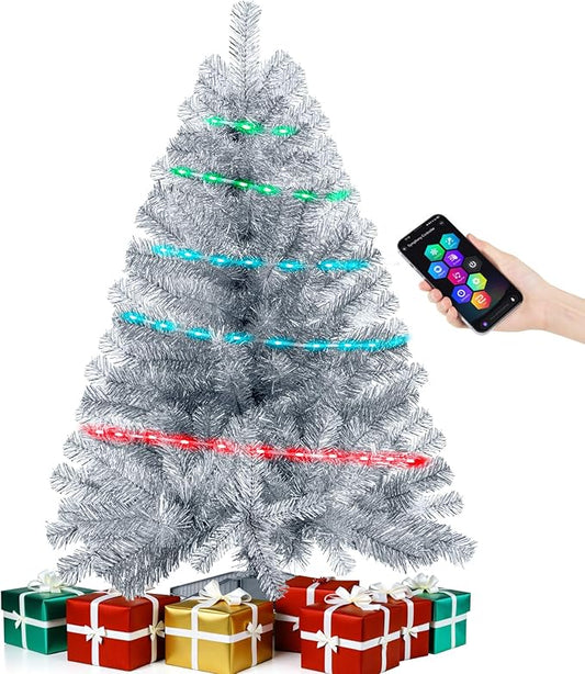 Silvery 3ft Christmas Tree with Lights, Small 36inch Artificial Tree Mini Table Top Decorations, Xmas Desk Tree with 80 Colored Lights, 200 Branch, Holiday Decor for Home,Indoor Office Tabletop