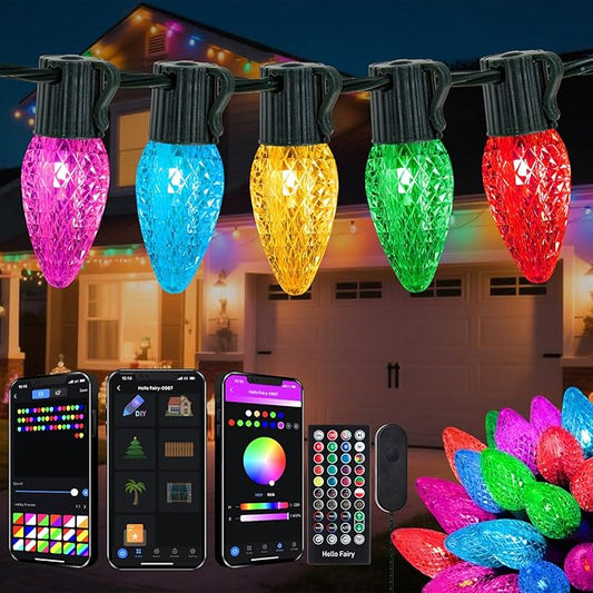 Smart C9 Christmas Lights Outdoor, 66FT 100 LED RGB Color Changing Christmas Lights, APP Remote Controlled Music Sync Waterproof Connectable String Lights for Indoor Outdoor Xmas Decor