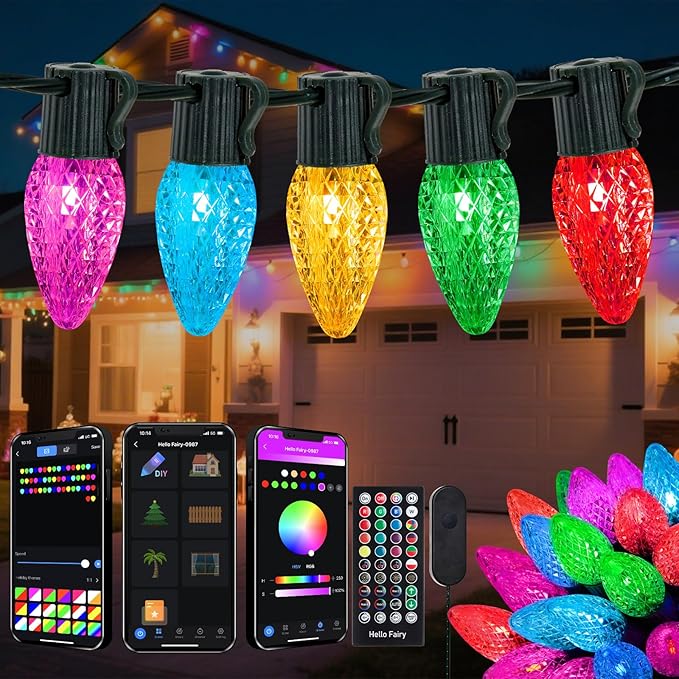 Smart C9 Christmas Lights Outdoor, 132FT 200 LED RGB Color Changing Christmas Lights, APP Remote Controlled Music Sync Waterproof Connectable String Lights for Indoor Outdoor Xmas Decor