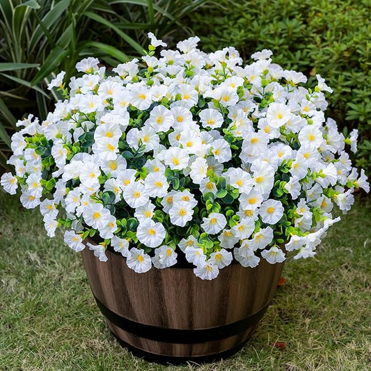 Artificial Faux Flowers for Outdoor 16 Bundles Boxwood Fake Morning Glory for Planter,UV Resistant Fake Flowers for Home Porch Patio Outside（White）