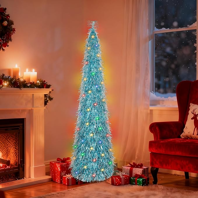 5FT Christmas Trees with 90 Lights, Collapsible Artificial Sequin Pop Up Christmas Tree, Tinsel Slim Pencil Christmas Tree for Home Holiday Fireplace Party Indoor Outdoor Xmas Decorations