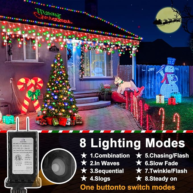 Christmas Lights Outdoor, 2 Pack Total 98FT 960 LED Ice Lights for Outside with 180 Drops 8 Modes Timer Memory, Plug in Waterproof for Holiday Eaves Yard Roof Party Decor (Red Green and Cool White)