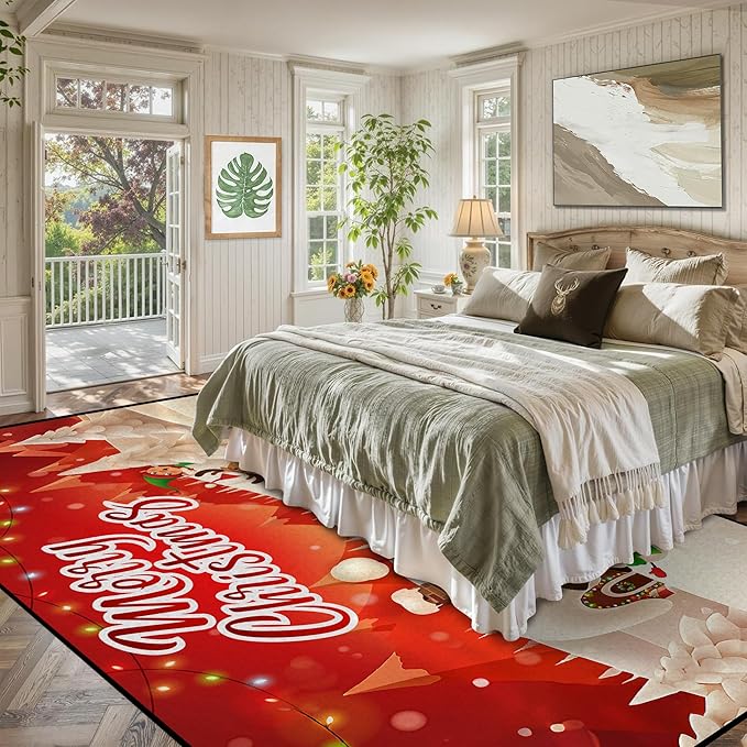 Christmas Area Rug 6' x 9' Washable Living Room Carpet Xmas Snowflake Holiday Decor Indoor Bedroom Throw Rug Decor Low Pile Large Carpet Dining Room Office Nursery