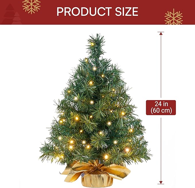 JOIEDOMI 24"/2FT Small Tabletop Christmas Tree with LED Warm Lights, Table Top Christmas Decorations Pre-lit Artificial Xmas Tree, Green Mini Tree for Christmas Decorations Indoor Xmas Party Décor