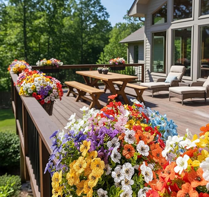 ilauke 9 Bundles Artificial Flowers for Outdoors, Fake Flowers UV Resistant, No Fade Faux Flower Plants 9 Colors with Eucalyptus, Plastic Flower Outside Planter Garden Porch Patio Home Wedding Decor