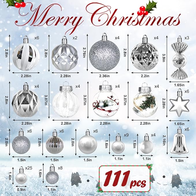 ILLUMINEW 111-Pack Christmas Balls Ornaments,Assorted Shatterproof Christmas Ornaments Set, Luxurious Hanging Pendants Package for Christmas Tree Party Holiday Indoor Decor (Silvery-111pcs)