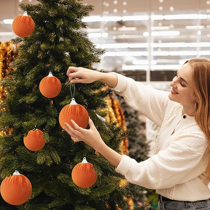 Gresorth Halloween Fabric Wrapped Ball Set Velvet Hanging Handmade Adornment Foam Shatterproof Decoration Engagement Party Orange 10pcs