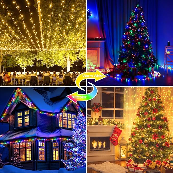 200 FT 500 LED Christmas Lights Outdoor Decorations Fairy Lights Waterproof 11 Modes Timer Clear Wire String Lights for Outside House Tree Patio Yard Wedding Party Holiday-Multicolored To Warm White