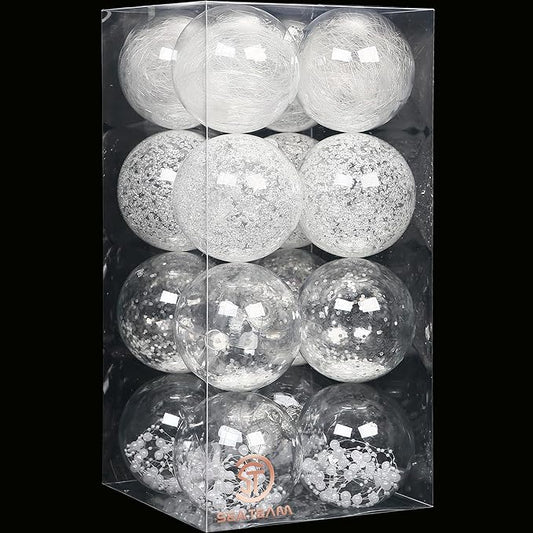 Sea Team Shatterproof Clear Plastic Christmas Ball Ornaments Decorative Xmas Balls Baubles Set with Stuffed Delicate Decorations (100mm/3.94''/16-Pack, White)