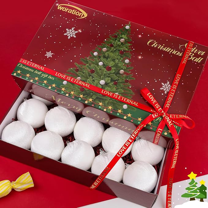 Woration 15pcs White Velvet Christmas Tree Ball Ornaments Decorative 2.36inches Christmas Plastic Balls Decorations for Xmas Trees Wreath Garland Party