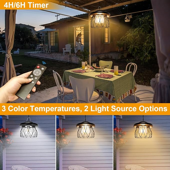 Shed Light Solar Powered, 2 Motion Sensor Lights Outdoor with Remote, Unique Diamond Design Metal Frame Hanging Lantern with Timer, Gazebo Lights for Patio Barn Garage Shop