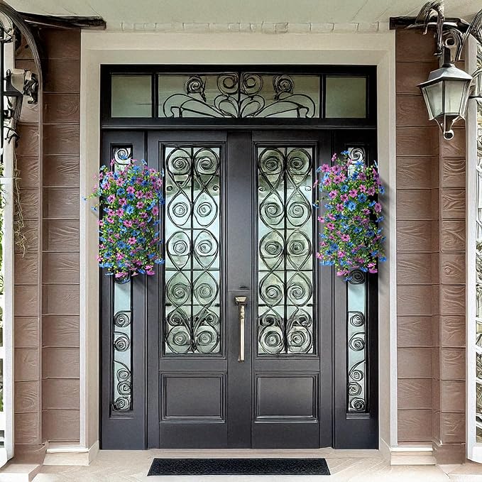 Artificial Fake Hanging Flowers Plants for Outdoor Spring Decoration, 2 PCS Faux Silk Daisy Flower UV Resistant Look Real for Outside Patio Porch Garden Balcony Yard Home Summer Decor(Perple Blue)