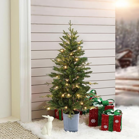 LuxenHome 4FT Small Christmas Tree, Prelit Slim Potted Christmas Trees with 70 Warm White LED Lights, Lighted Artificial Tree with Metal Pot, Small Faux Holiday Tree for Indoor Home, Office Decor