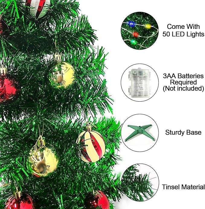[ 12 Modes & Remote Control ] 3 Ft Christmas Tree with Timer 50 Four Color LED Lights DIY 15 Ball Ornaments Star Artificial Xmas Tree Indoor Outdoor Home Holiday Decoration (Green)