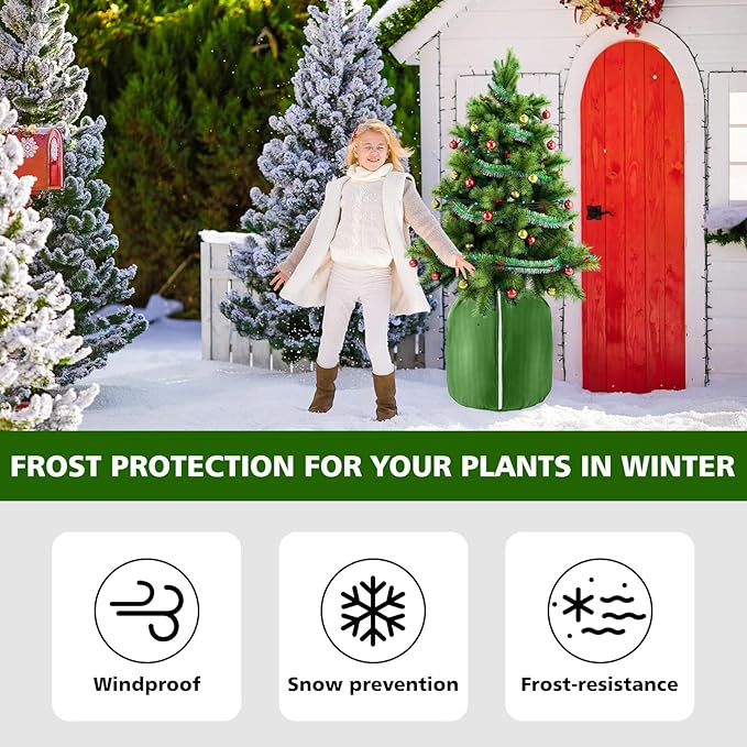 2 Pcs Plant Pot Covers for Winter Potted Plant Freeze Protection Cover Frost Jacket with Zipper Drawstring to Keep Outdoor Plants Flowers Shrubs Trees Warm (17.7" D x 19.7" H - Green)