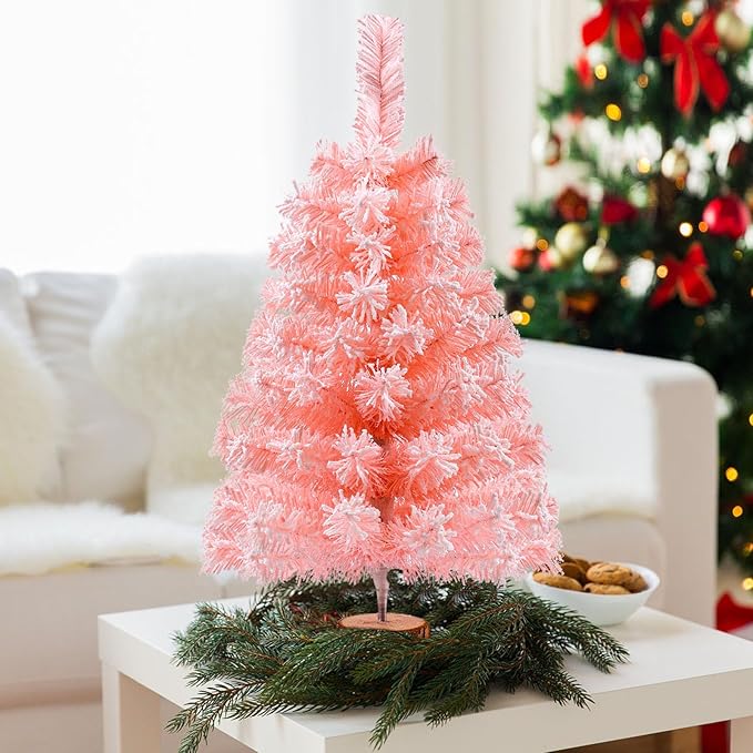 2Ft Artificial Christmas Tree Pink Tabletop Christmas Tree with Snow Flocked Mini Xmas Pine Tree with Wooden Stand for Indoor Outdoor Holiday Home Decoration
