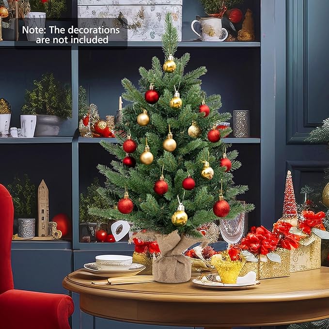 GOFLAME 2FT Pre-Lit Artificial Mini Christmas Tree, Small Tabletop Xmas Fir Tree with 234 Branch Tips, 35 Warm White LED Lights, Timer, Holiday Decoration Tree with Burlap Base