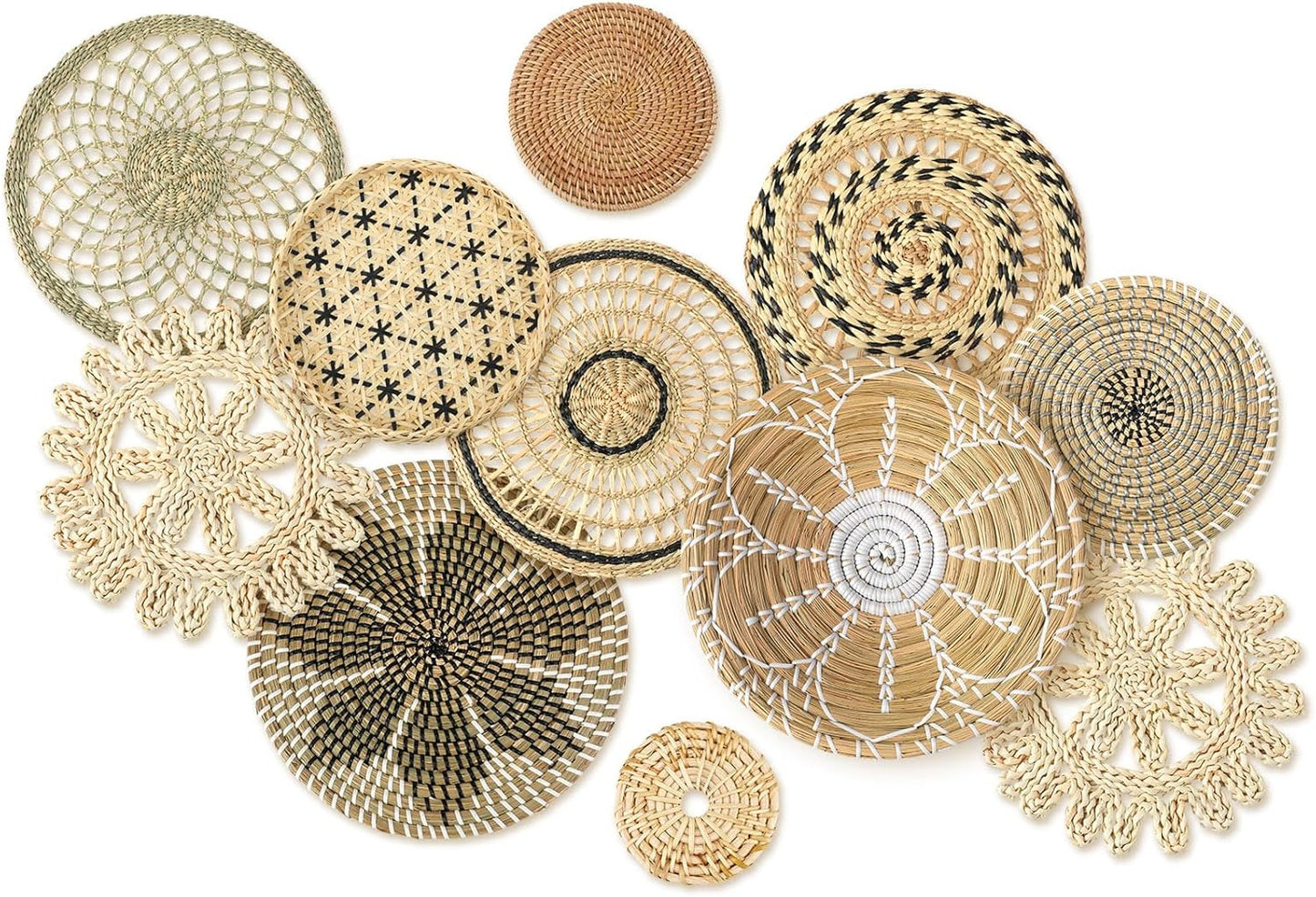 Tatuo 11 Pcs Boho Wall Basket Decor Decorative Bulrush Woven Basket Wall Decor Art Round Farmhouse Hanging Baskets for Kitchen Rustic Home Summer Decorations, Multi Sizes(Vivid)