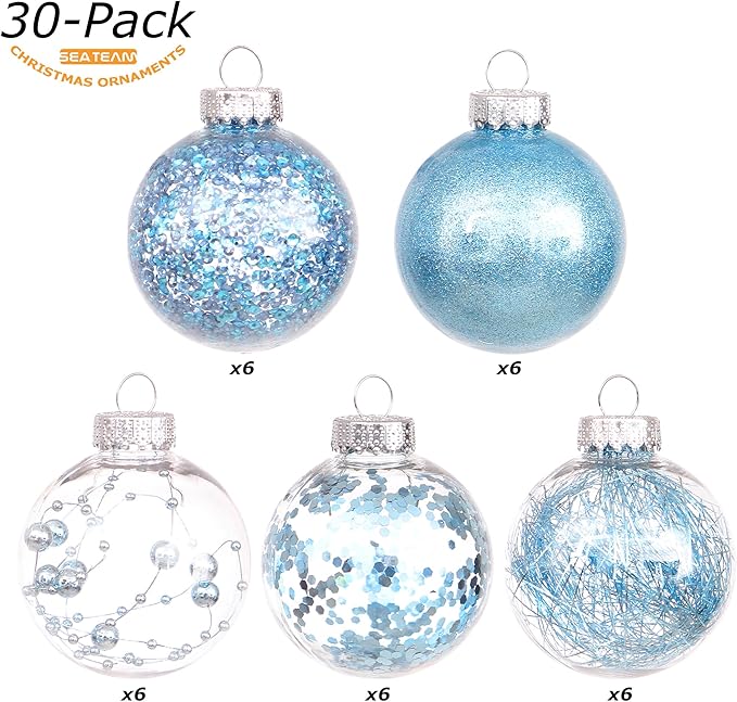 Sea Team Shatterproof Clear Plastic Christmas Ball Ornaments Decorative Xmas Balls Baubles Set with Stuffed Delicate Decorations (60mm/2.36 inch 30-Pack, Babyblue)