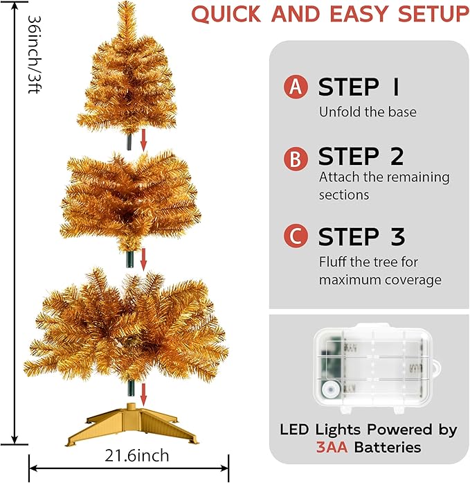 Gold 3ft Christmas Tree with Lights, Small 36inch Artificial Tree Mini Table Top Decorations, Xmas Desk Tree with 80 Colored Lights, 200 Branch, Holiday Decor for Home,Indoor Office Tabletop