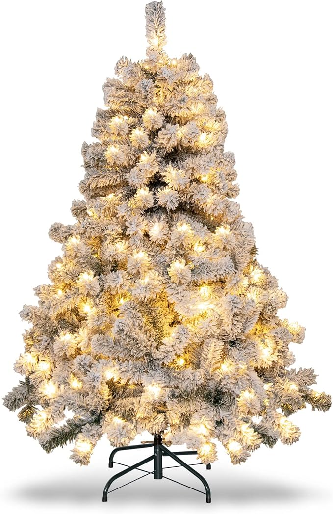 HAPPYGRILL 4.5 FT Pre-Lit Snow Flocked Christmas Tree, Artificial Hinged Xmas Tree with 150 LED Lights, 295 Branch Tips, PVC Leaves, Metal Stand, Xmas Holiday Decor for Office Home