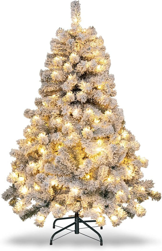 HAPPYGRILL 4.5 FT Pre-Lit Snow Flocked Christmas Tree, Artificial Hinged Xmas Tree with 150 LED Lights, 295 Branch Tips, PVC Leaves, Metal Stand, Xmas Holiday Decor for Office Home