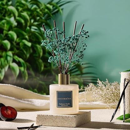 COCORRÍNA Reed Diffuser - Cashmere Vanilla 17 Fl.oz Reed Diffuser with 8 Sticks Scented Diffuser with Preserved Flowers for Bathroom Home Decor