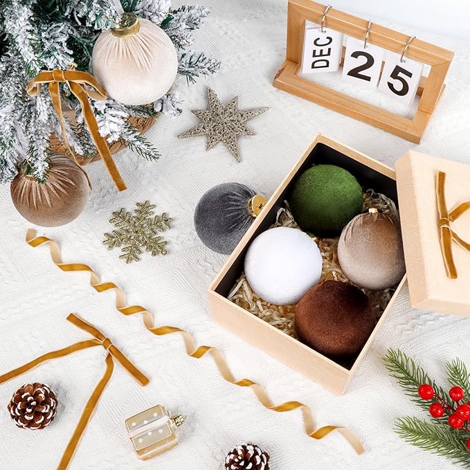 24 Pack Velvet Christmas Tree Ornaments Set, 12 Pcs 3.15 Inch Large Neutral Velvet Christmas Ornaments Hanging Flocked Balls and 12 Pcs Vintage Bows for Xmas Garland Wreath Party Home Decor