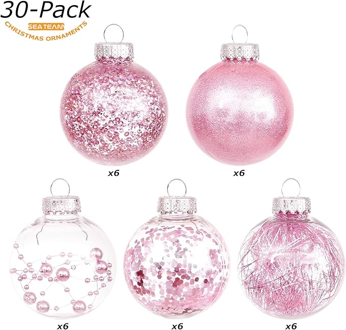Sea Team 60mm/2.36" Shatterproof Clear Plastic Christmas Tree Ball Ornaments Set, Decorative Hanging Transparent Xmas Baubles with Stuffed Delicate Decorations (30 Counts, Pink)
