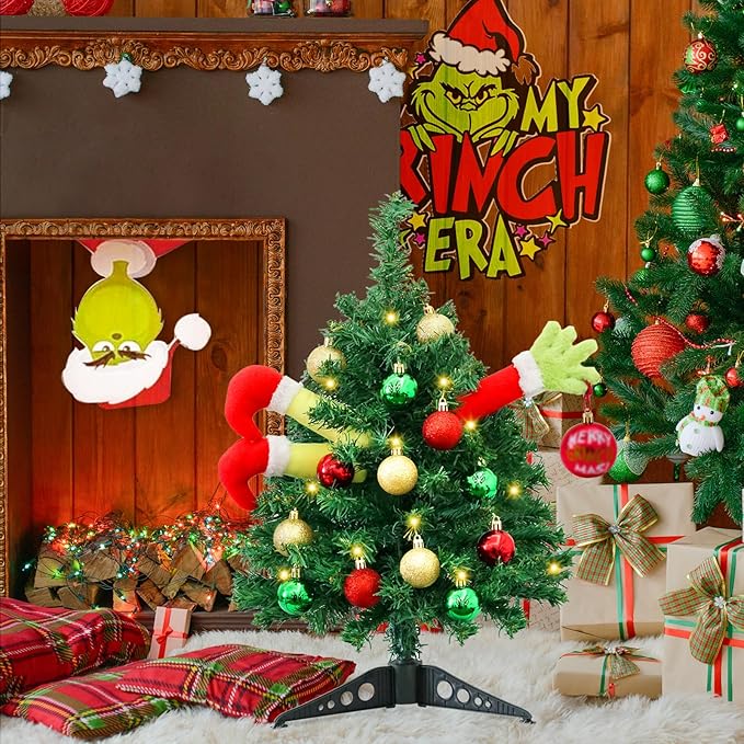 Small Christmas Tree Mini Christmas Tree with LED Lights Arms and Legs Tabletop Decoration Ornaments for Indoor Home Party Decor