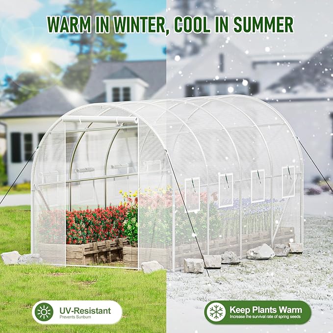 SPECILITE Walk-in Tunnel Greenhouse for Outdoors, 15×7×7 FT Heavy Duty Hoop House Kit with 8 Screen Windows, Thicken PE Cover & Galvanized Frame, Portable Large Green Houses for Outside, Winter, White