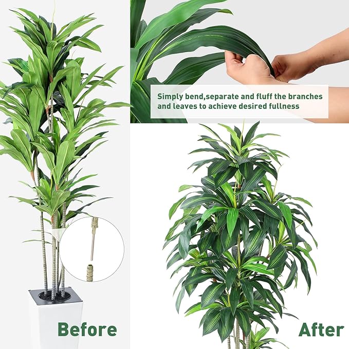 Artificial Dracaena Tree with White Tall Planter, 7ft Tall Potted Artificial Dracaena Silk Plant, Fake Yucca Tree Plant, Home Office Floor Room Decor Plants Indoor Outdoor, Housewarming Gift