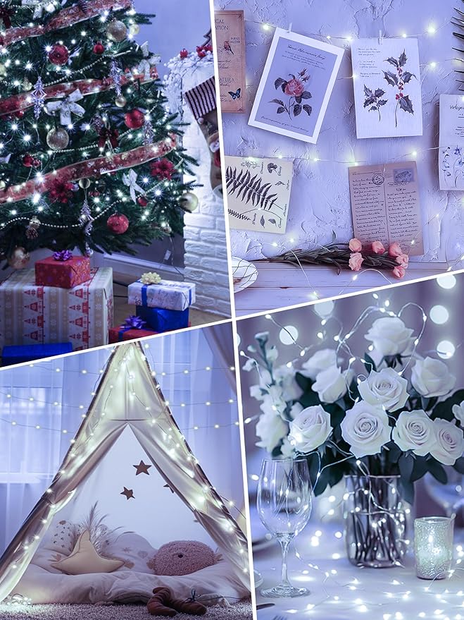 btfarm Fairy Lights Battery Operated with Timer 8 Modes, 16.4 FT 50 LED Silver Wire Twinkle String Lights Battery Powered Dimmable Waterproof for Indoor Home Party Wedding Christmas Decor, Cool White