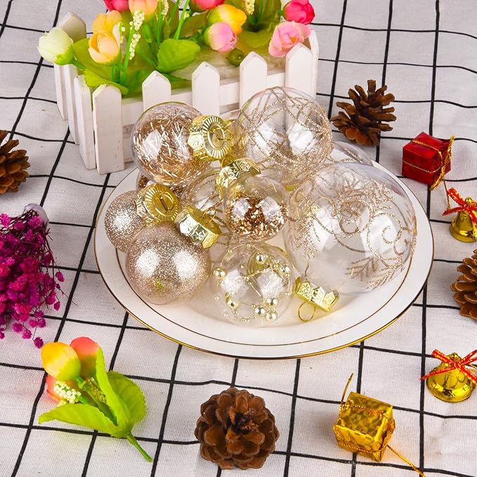 30Pcs Christmas Ball Ornaments Set - Shatterproof Plastic Christmas Tree Decorations 7 Style Christmas Decorative Hanging Ornaments Xmas Decorative Hanging Ball Ornaments for Holiday (Champagne)