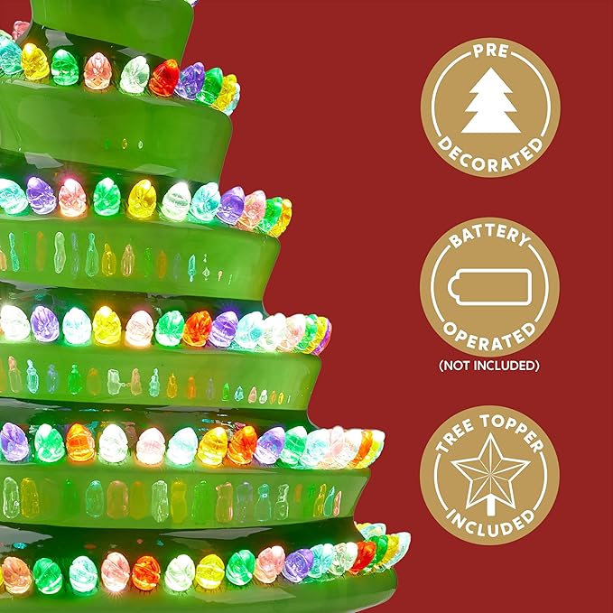 JOIEDOMI 12" Novelty Ceramic Christmas Tree, Lightup Tabletop Xmas Tree with 220 Spiral-Arranged LED Lights, Classic Retro Porcelain Tabletop Decor for Xmas Indoor Office Decorations