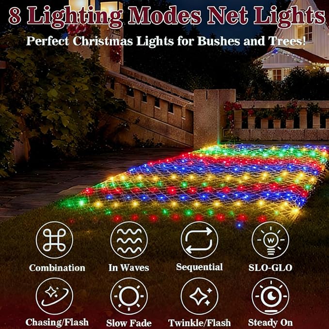 HYH Christmas Net Lights Outdoor 360 LED 12FTx5FT Multicolored Christmas Bush Mesh Lights Connectable Waterproof String Light 8 Modes for Decorations Indoor Xmas Tree Bushes Garden Decor Party